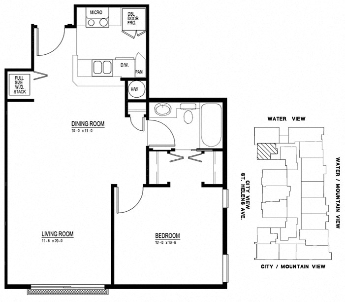 Floor plan for 1 bed, 1 bath, 615 sqft